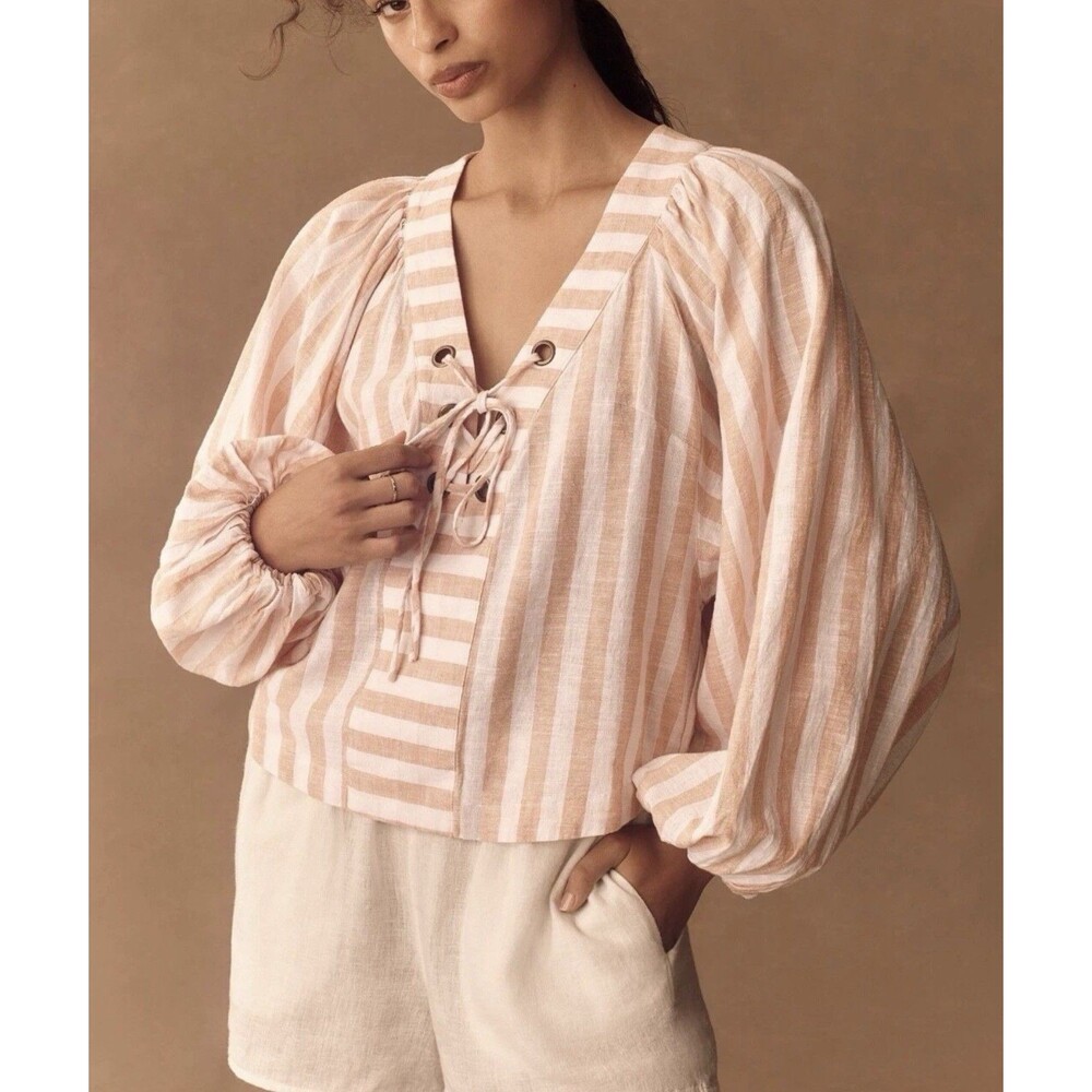 Anthropologie Linen Dolman Lace-Up Blouse Size M